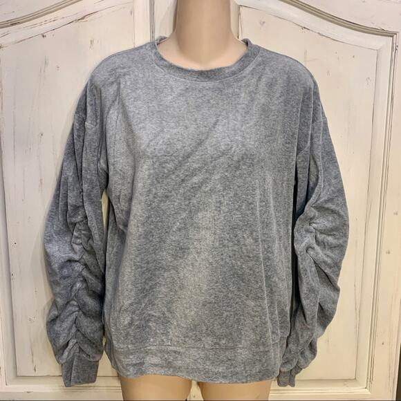 NWOT GRAY VELVET VELOURS RUCHED SLEEVE SWEATSHIRT - Picture 2 of 8